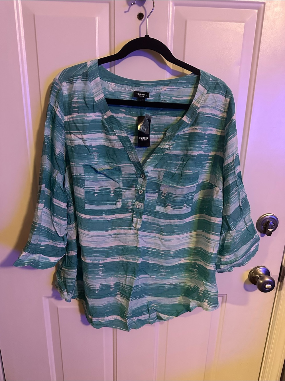 torrid Teal and White Striped Henley Tunic